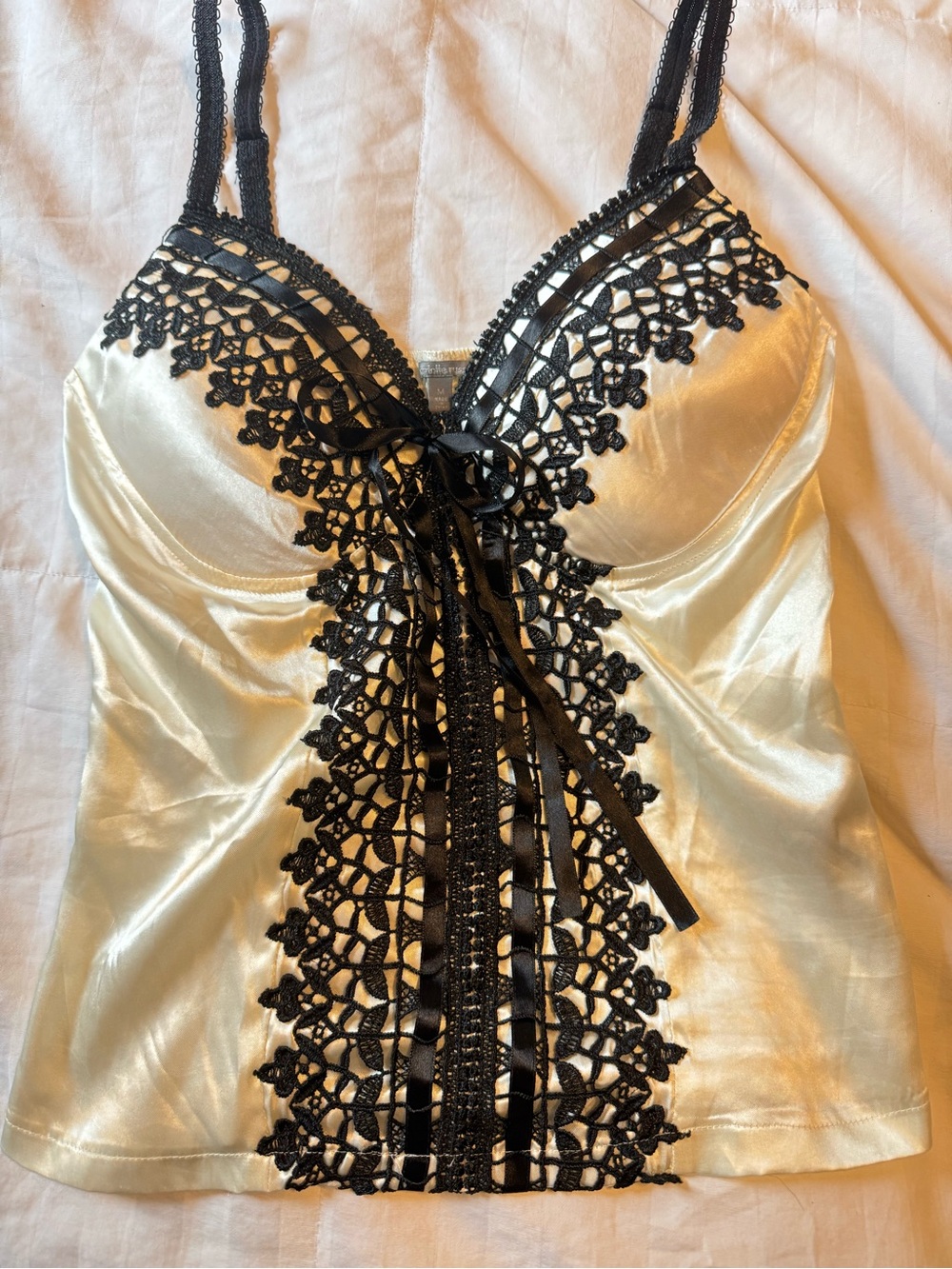 Charlotte Russe Satin Lace-Trim Camisole — Ivory with Black Lace